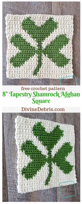8" Tapestry Shamrock Afghan Square free crochet pattern by DivineDebris.com #crochet #freepattern #tapestry #shamrocks #StPatricksDay #afghansquares