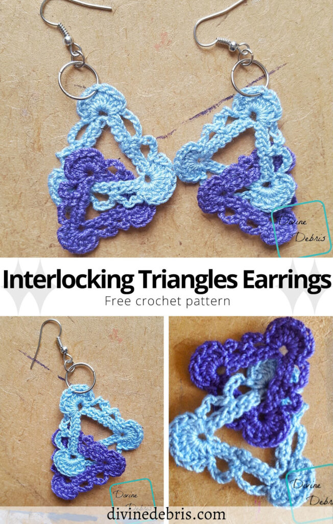 Make a quick gift, a treat for yourself, or get creative when you learn to make the Interlocking Triangles Earrings free crochet pattern on DivineDebris.com