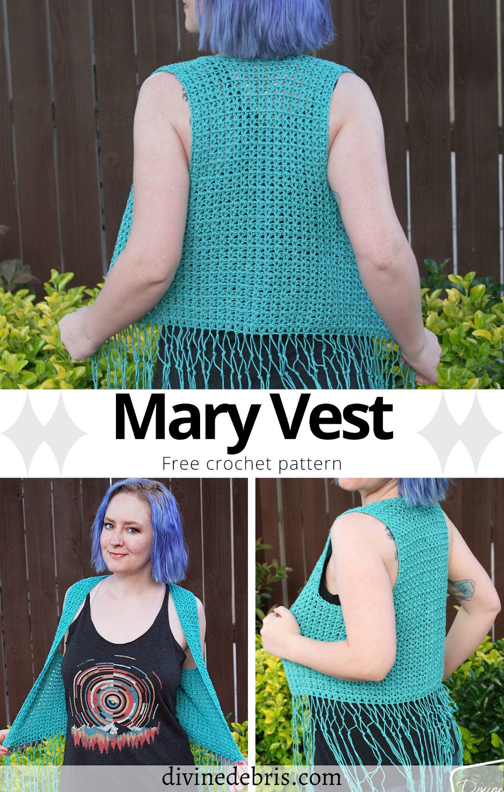 Looking for a fun vest to layer over tank tops for those warm summer months? Be fashionable with the Mary Vest from a free crochet pattern by Divine Debris