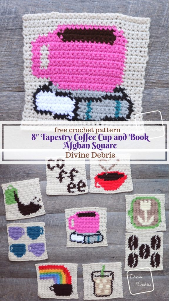 Learn to make an 8&Prime; Tapestry Coffee Cup and Book Afghan Square from a free crochet pattern by DivineDebris.com