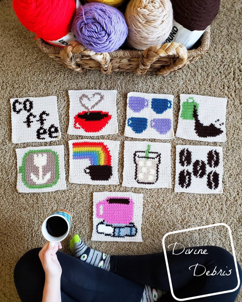 Learn to make an 8″ Tapestry Coffee Cup and Book Afghan Square from a free crochet pattern by DivineDebris.com