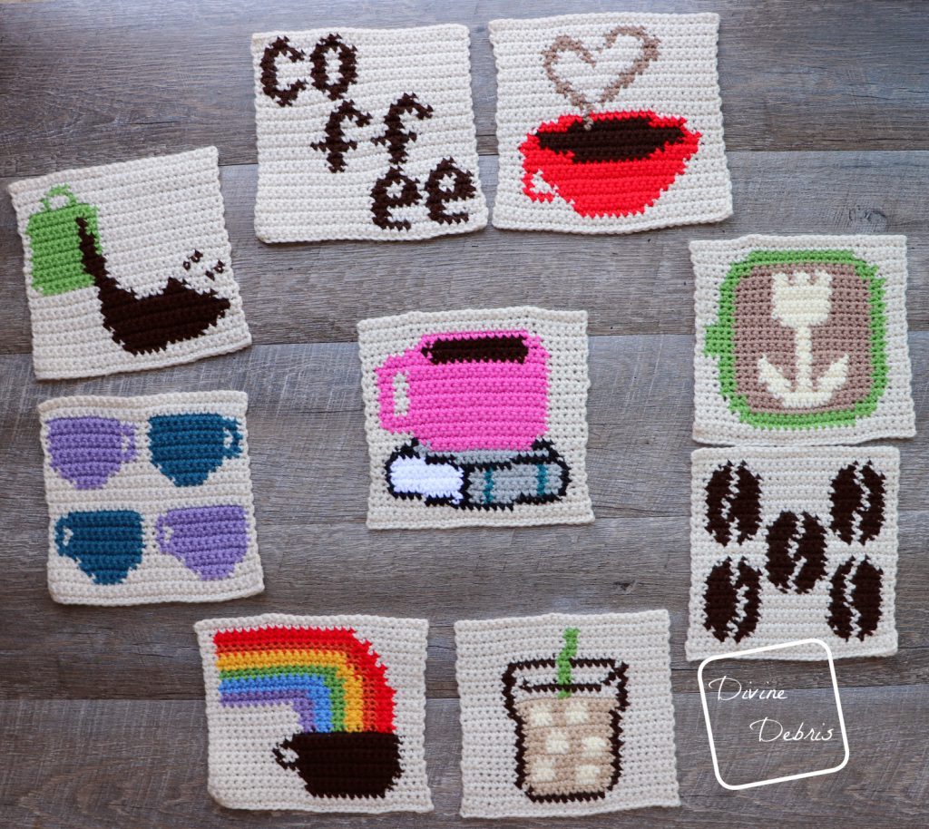 Learn to make an 8″ Tapestry Coffee Cup and Book Afghan Square from a free crochet pattern by DivineDebris.com