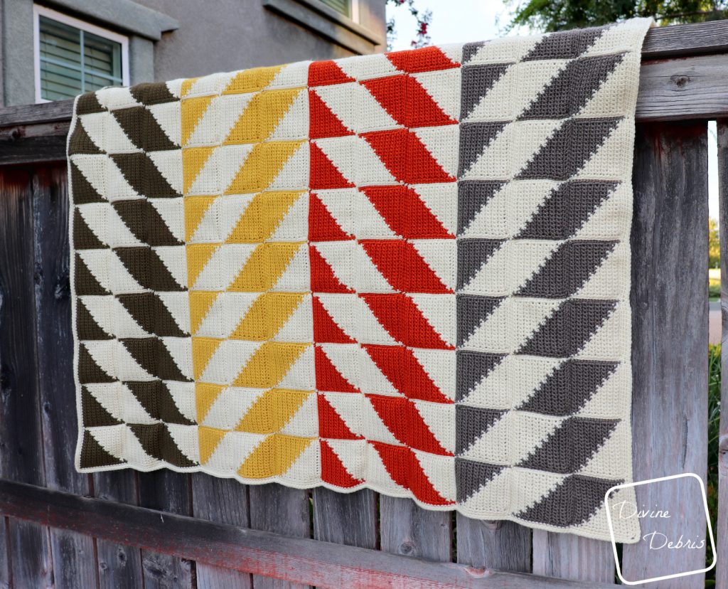 Learn to make this quilt inspired crochet throw blanket, the Divine Diamonds Throw, from a free pattern on DivineDebris.com