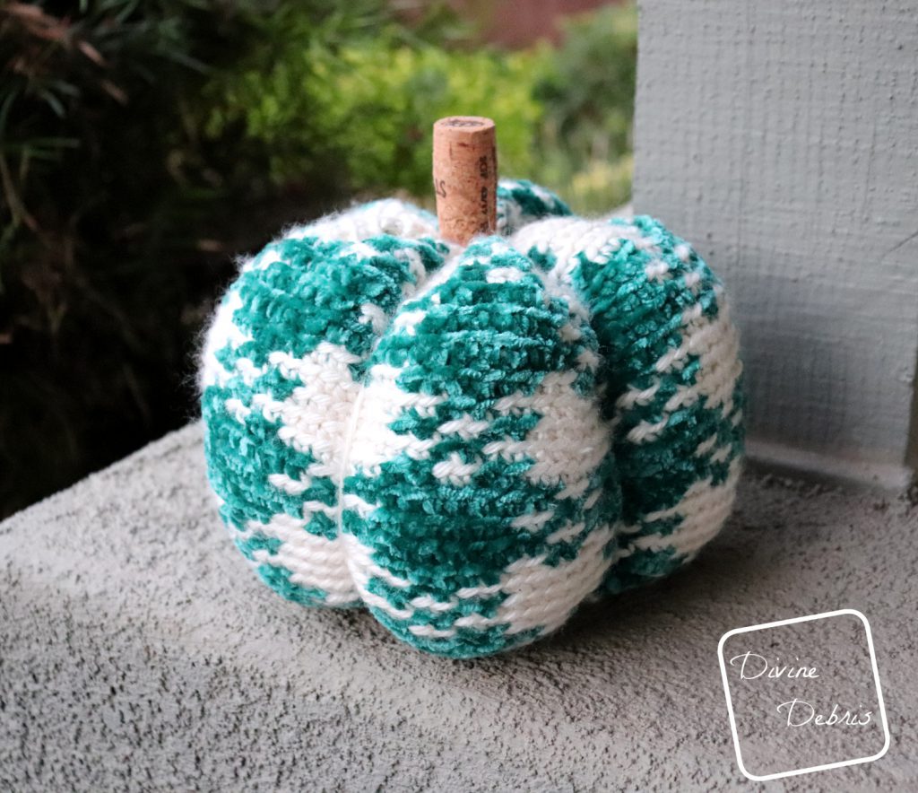 Learn to make the Pretty in Gingham Pumpkin from a free crochet pattern by DivineDebris.com