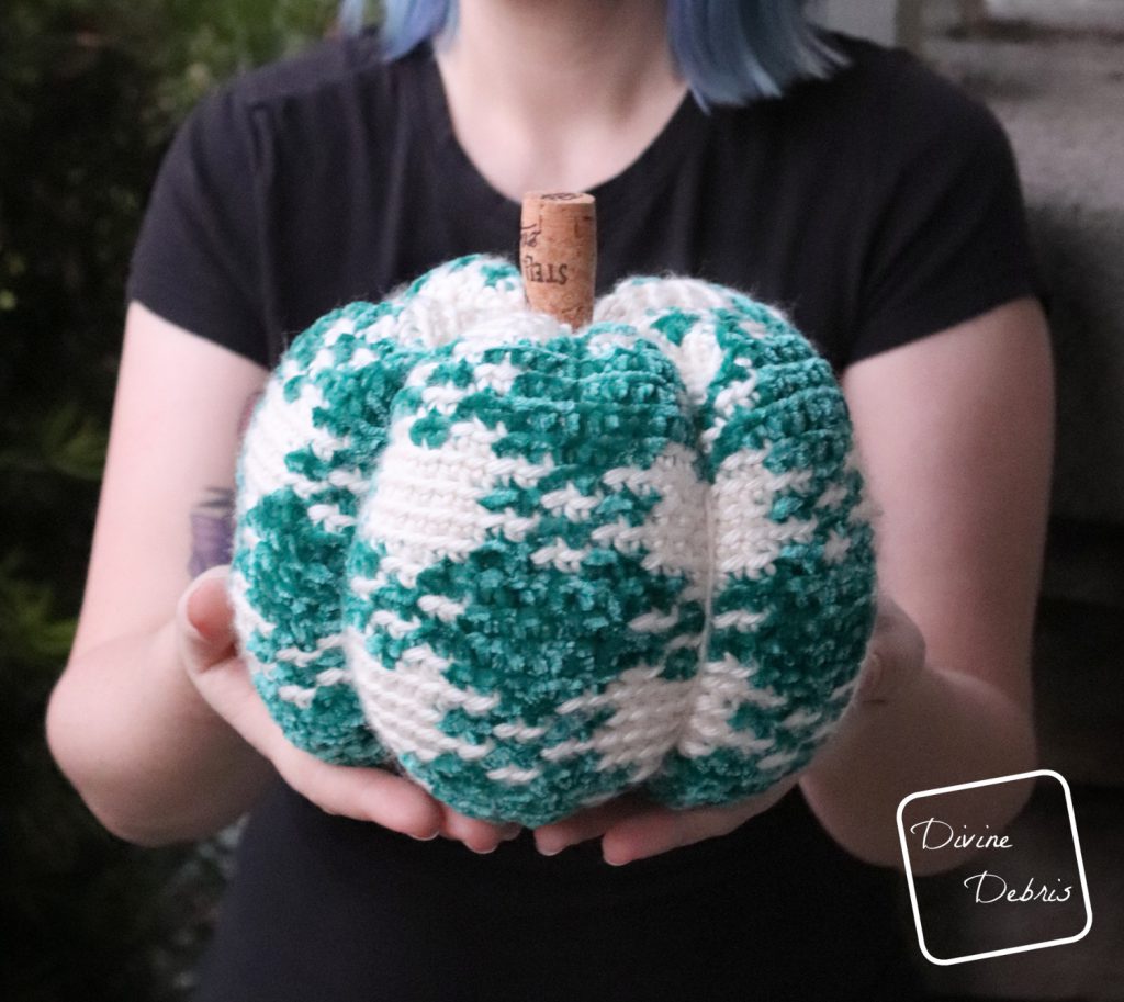 Learn to make the Pretty in Gingham Pumpkin from a free crochet pattern by DivineDebris.com