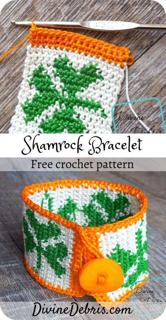 You won't get pinched on St. Patrick's Day when you learn to make this fun tapestry crochet Shamrock Bracelet from a free pattern on DivineDebris.com
#crochet #freepattern #bracelets #jewelry #StPatricksDay