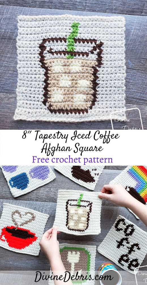 Show off your love of coffee with this fun and free 8&Prime; Tapestry Iced Coffee Afghan Square free crochet pattern by DivineDebris.com#crochet #freepattern #tapestry #afghansquare #coffee #worstedweight