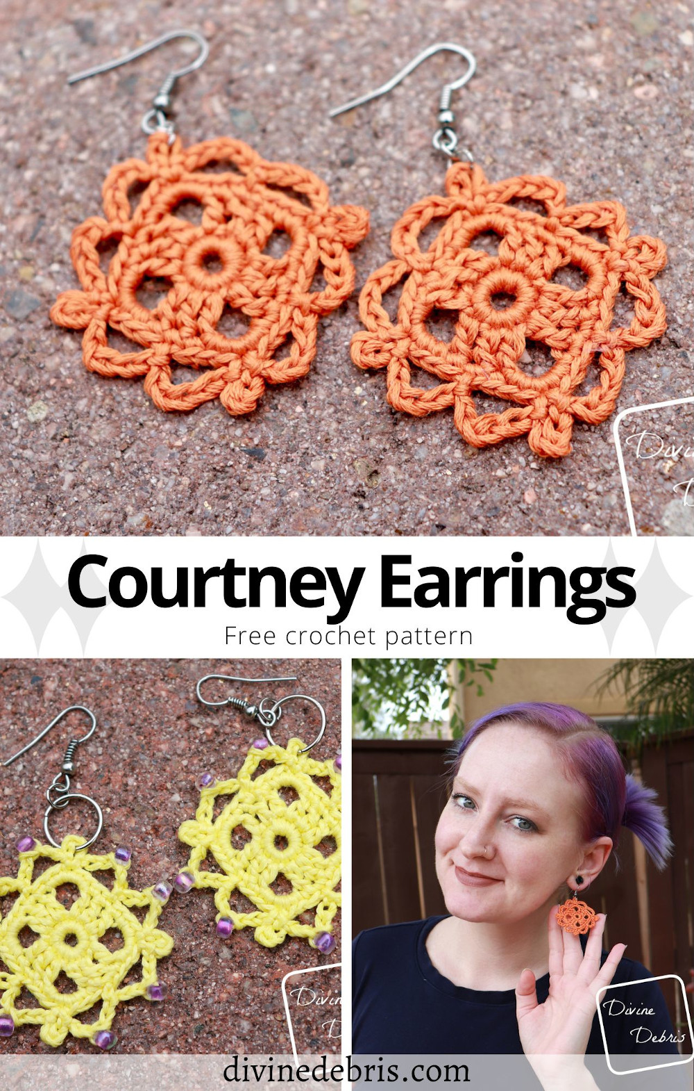 Learn to make the Courtney Earrings, a fun, easy, and super customizable, from a free crochet pattern on DivineDebris.com