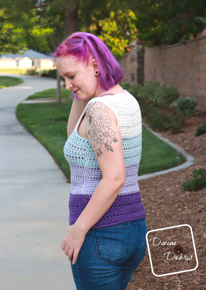 Learn to make the easy, fun, and customizable summer top, the Melanie Tank Top, from a free crochet pattern on DivineDebris.com 