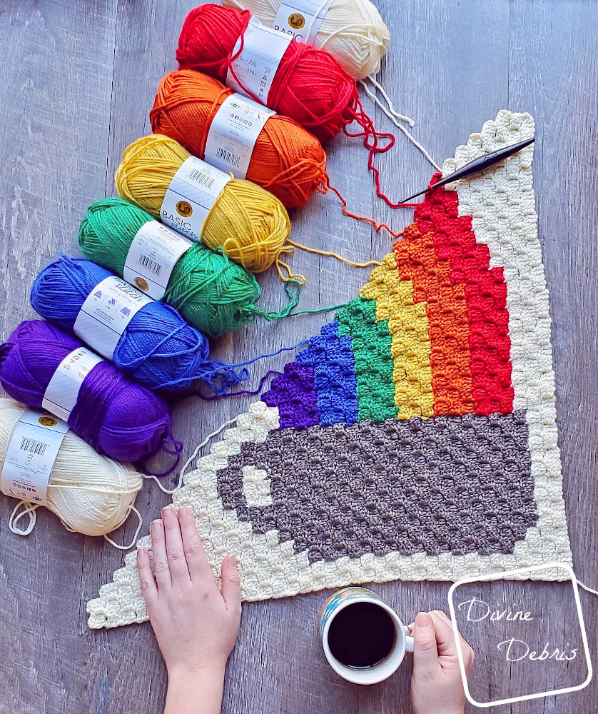 Rainbow and Coffee Cup C2C Afghan Square free crochet pattern by DivineDebris.com
