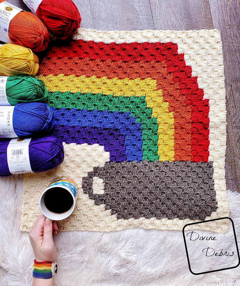 Rainbow and Coffee Cup C2C Afghan Square free crochet pattern by DivineDebris.com