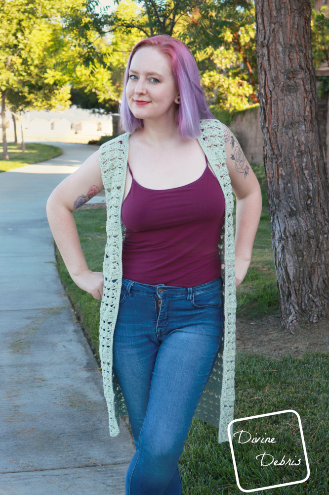 Dress up a simple tshirt or tank top and jeans with a fun and open vest design, the Harper Vest, from a free crochet pattern on DivineDebris.com