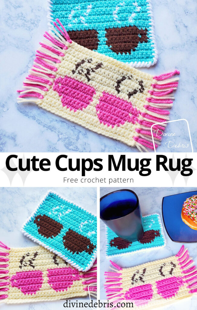 Dress up your favorite beverage with this fun and simple coaster, the Cute Cups Mug Rug, from free crochet pattern on DivineDebris.com