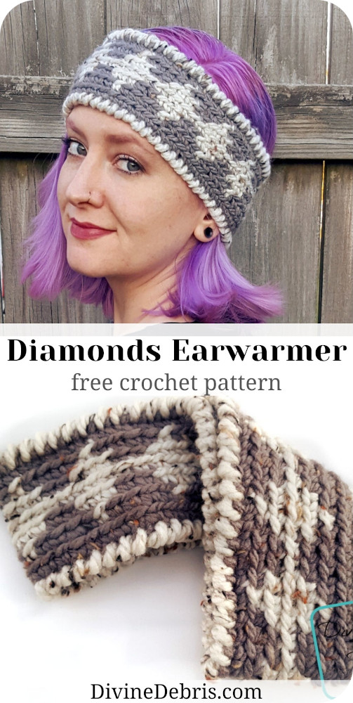 Learn to make the Diamonds Earwarmer, a free and fun tapestry headand/earwarmer crochet pattern by DivineDebris.com