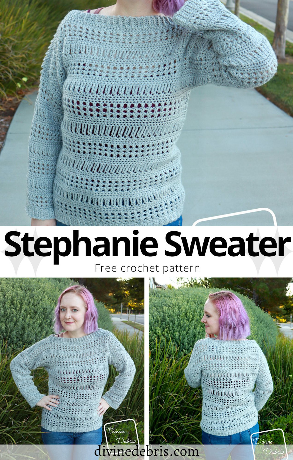 Learn to make a fun and easy early Fall pullover, the Stephanie Sweater, from a free crochet pattern on DivineDebris.com