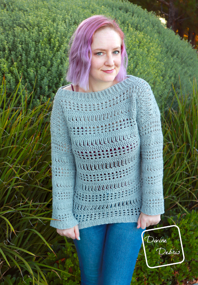 Learn to make a fun and easy early Fall pullover, the Stephanie Sweater, from a free crochet pattern on DivineDebris.com