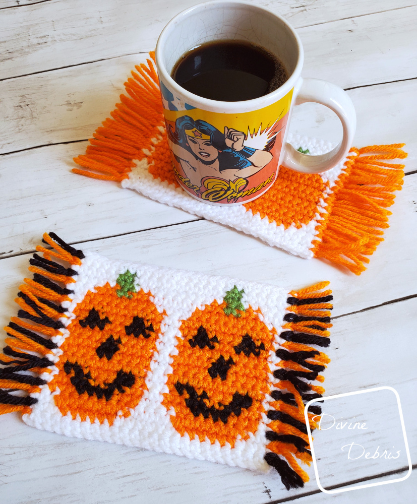 Learn to make the Cute Pumpkins Mug Rugs from 2 free tapestry crochet patterns by DivineDebris.com