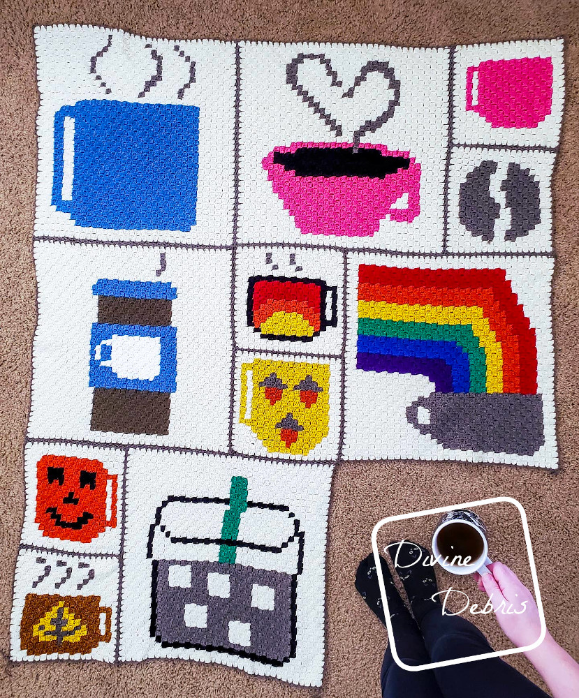 C2C Tiny Fall Leaf Cup Afghan Square free crochet pattern by DivineDebris.com