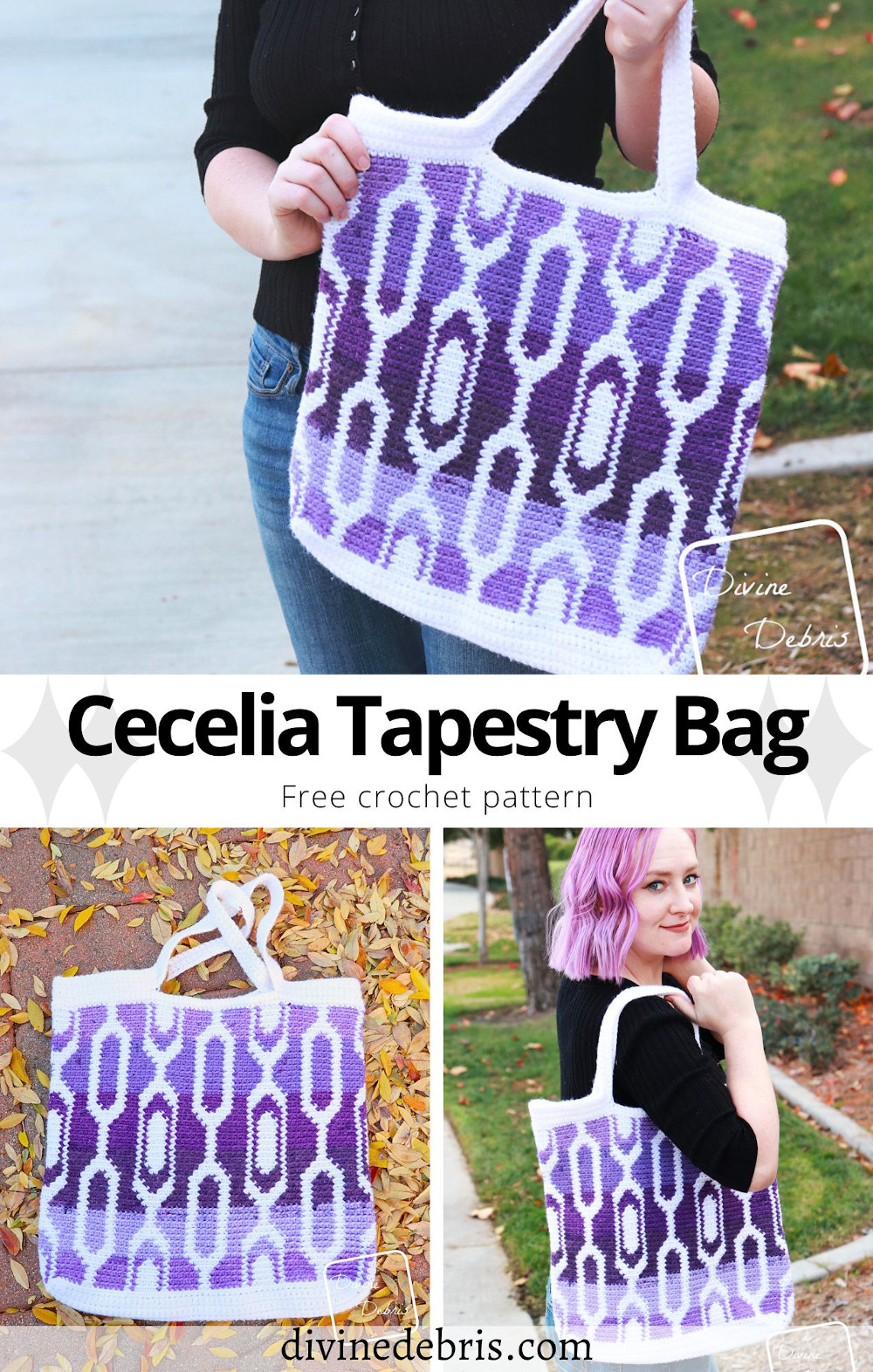 Learn to make the fun, retro, and exciting tapestry crochet Cecelia Tapestry Bag from a free crochet pattern on DivineDebris.com.