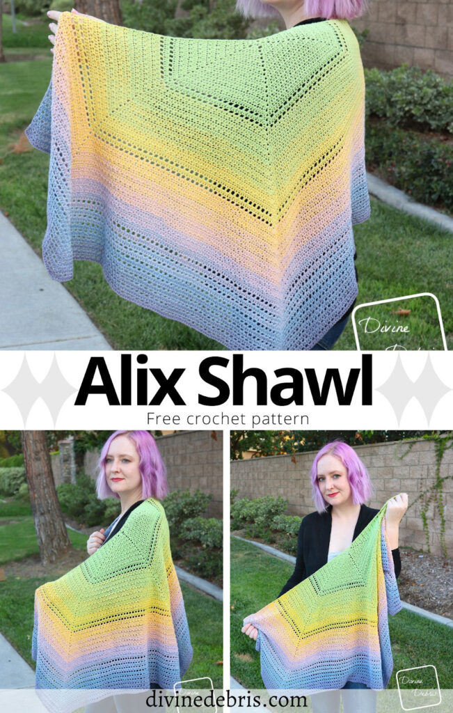 Learn to make the fun, textured, and super drapey Alix Shawl from a free and easy crochet pattern available on DivineDebris.com