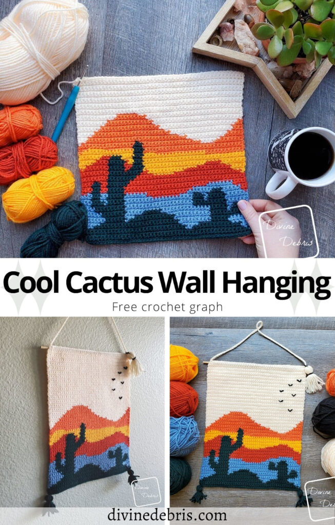 Learn to make the fun, bright, and endlessly customizable Cool Cactus Wall-Hanging tapestry crochet pattern free by DivineDebris.com