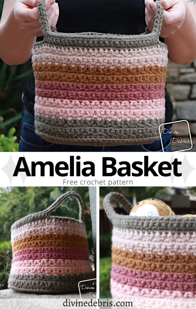 Learn to make the fun, textured, and easy Amelia Basket from a free crochet pattern available on DivineDebris.com. Fun to customize and make!