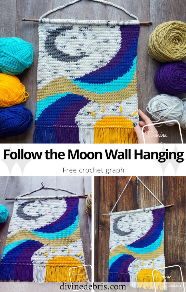 Learn to make the Follow the Moon Wall Hanging, a colorful home decor item, from a free crochet pattern by DivineDebris.com