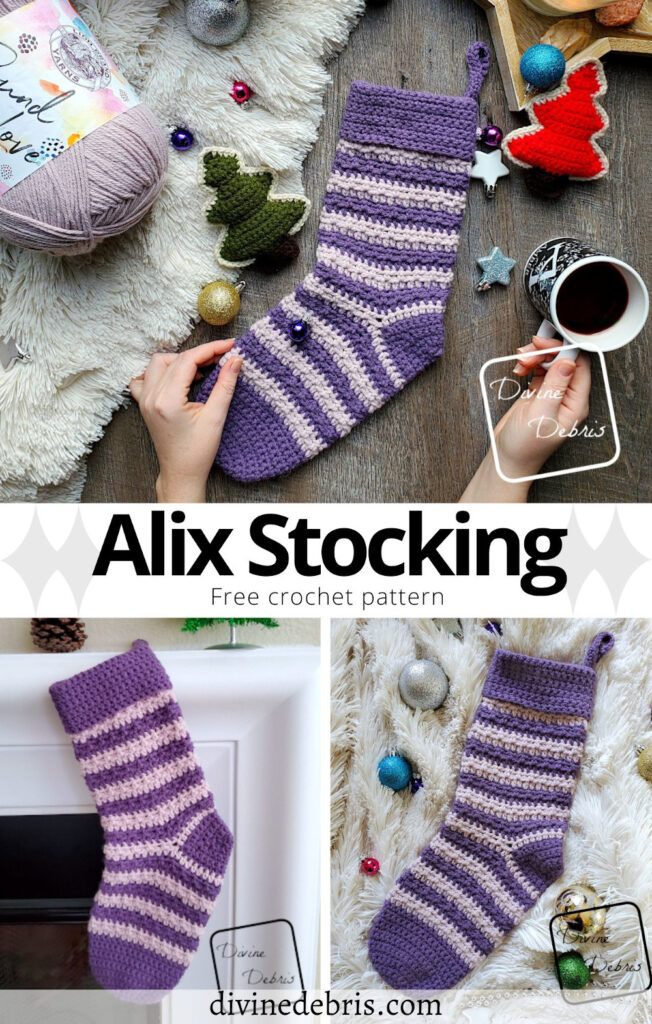 Learn to make the fun and easy Alix Stocking from a free crochet pattern by DivineDebris.com. Perfect for quick gifts and Christmas home decor