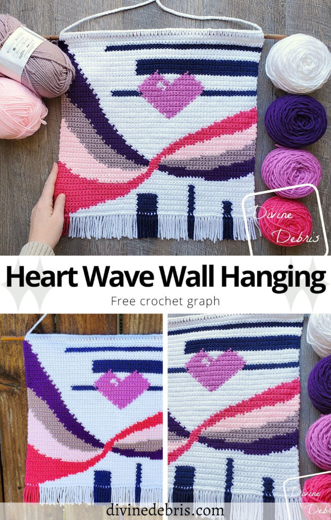 Learn to make the fun, colorful, and customizable Heart Wave Wall Hanging from a free graph on DivineDebris.com