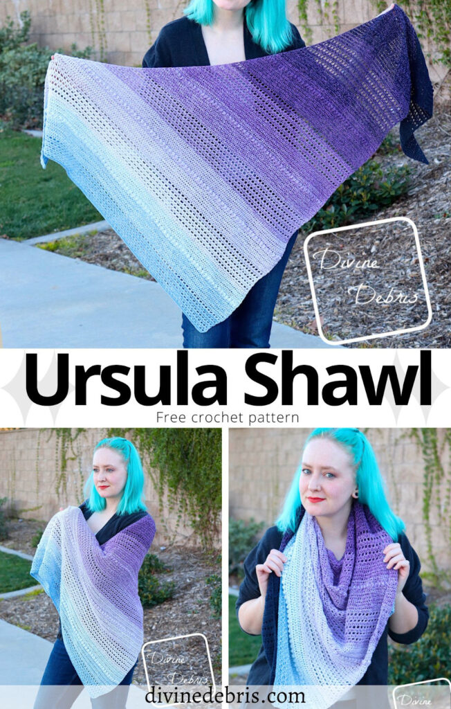 Learn to make the fun, textured, and easily customizable Ursula Shawl from a free and easy crochet pattern on DivineDebris.com