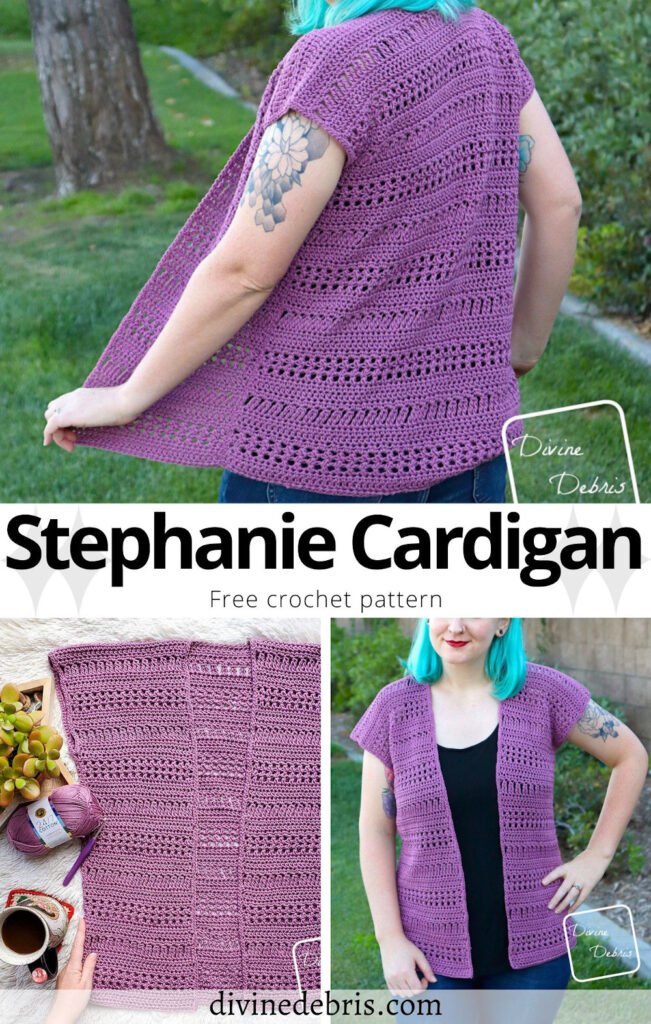 Learn to make this fun, light, and easy layering piece, the Stephanie Cardigan, from a free crochet pattern by DivineDebris.com