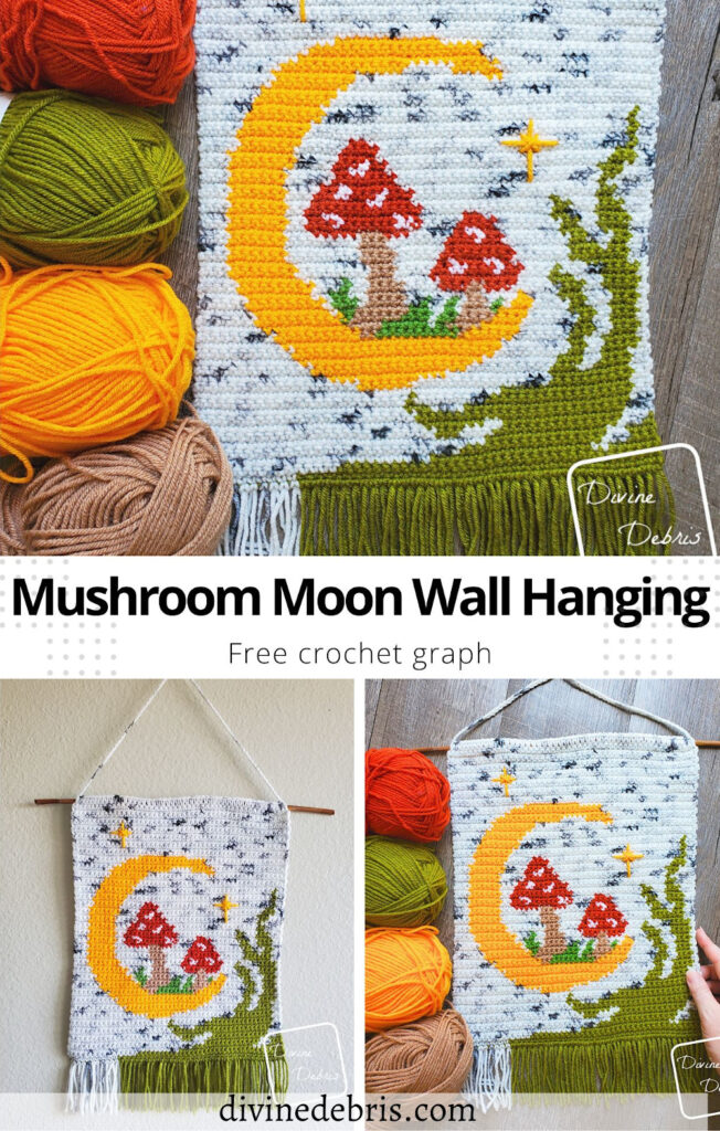 Learn to make the fun, colorful, and cute Mushroom Moon Wall Hanging from a free graph by DivineDebris.comGreat for crochet, knitting, cross stitch, and Tunisian crochet.