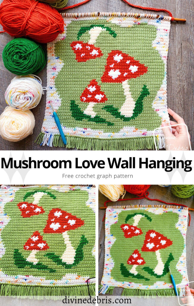 Learn to make this fun and mushroom-centric home decor piece, the Mushroom Love Wall Hanging, from a free crochet graph by DivineDebris.com