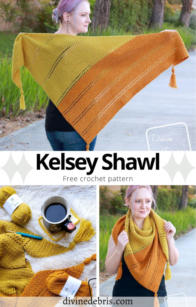 Learn to make this fun and easy one piece triangle shawl, the Kelsey Shawl, from a free crochet pattern by Divine Debris.