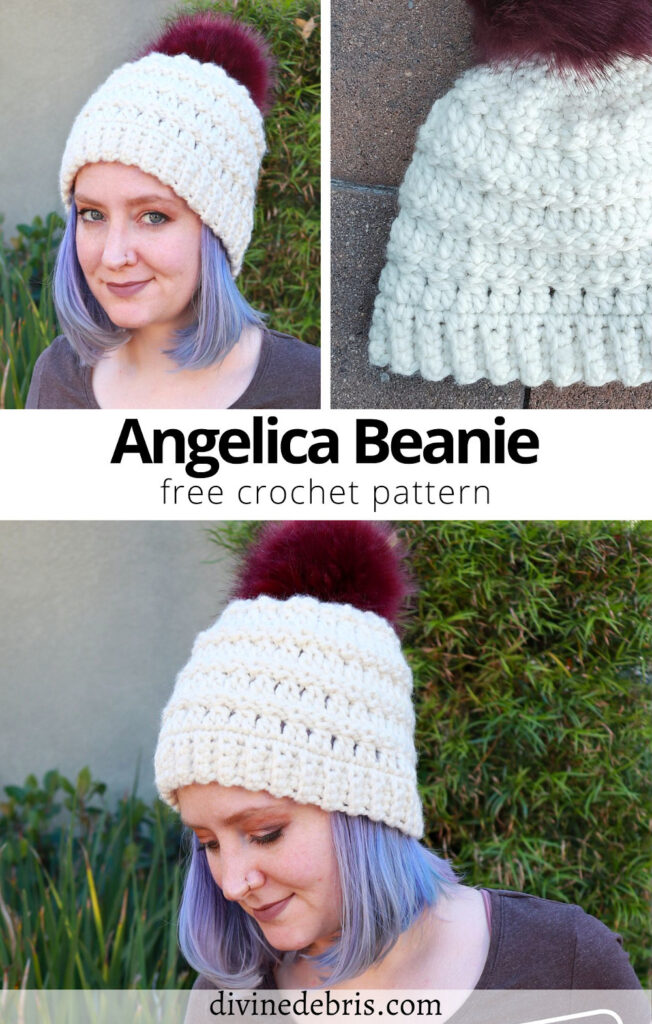 Learn how to make the Angelica Beanie, a simple crochet design using super bulky yarn, from a free crochet pattern by DivineDebris.com