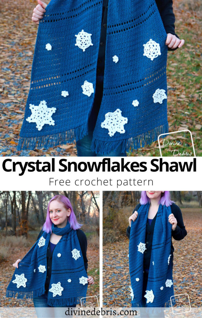 Learn to make a fun and cozy shawl, which makes a great scarf, with snowflake appliques with the Crystal Snowflakes Shawl free crochet pattern by Divine Debris.