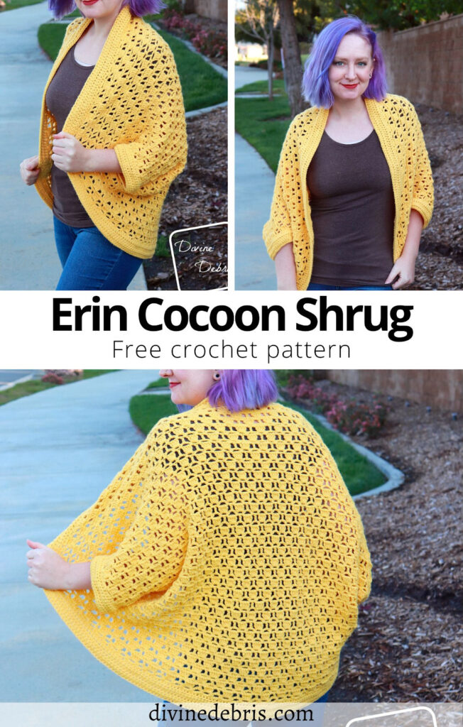 Learn to make the Erin Cocoon Shrug, an oversize and cozy cocoon shrug in sizes XS - 5X, from a free crochet pattern by DivineDebris.com