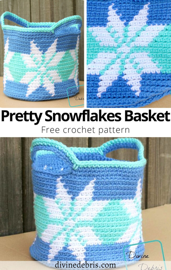 Dress up your holiday decorating with this fun and cute tapestry design, the Pretty Snowflakes Basket Free Crochet pattern by DivineDebris.com