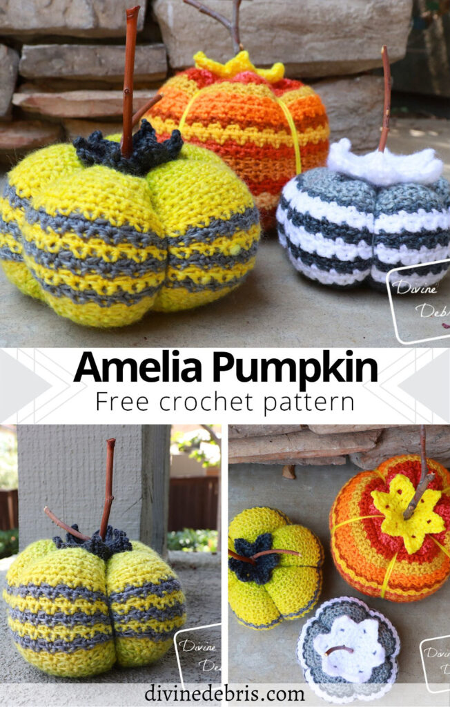 Learn to make the fun, customizable, and stash busting free Amelia Pumpkin crochet pattern for Halloween, available on DivineDebris.com