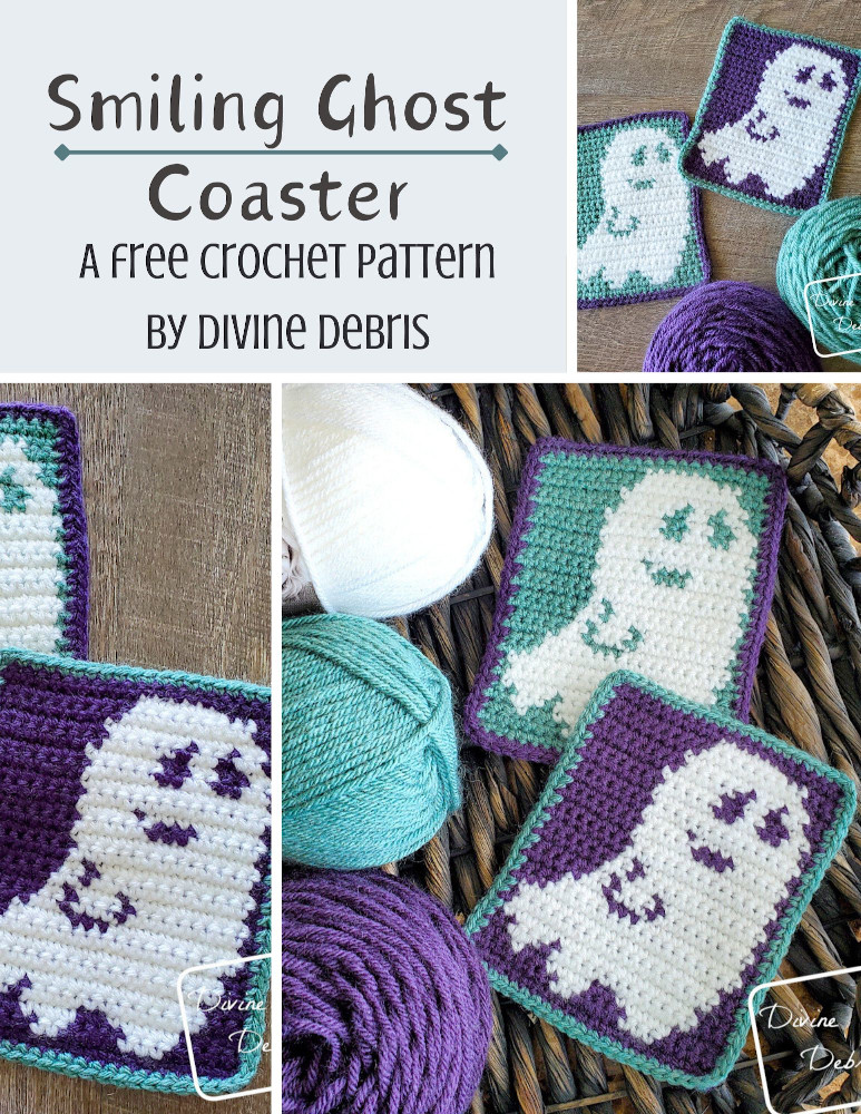 Learn to make the fun and festive Smiling Ghost Coaster from a free crochet graph on DivineDebris.com