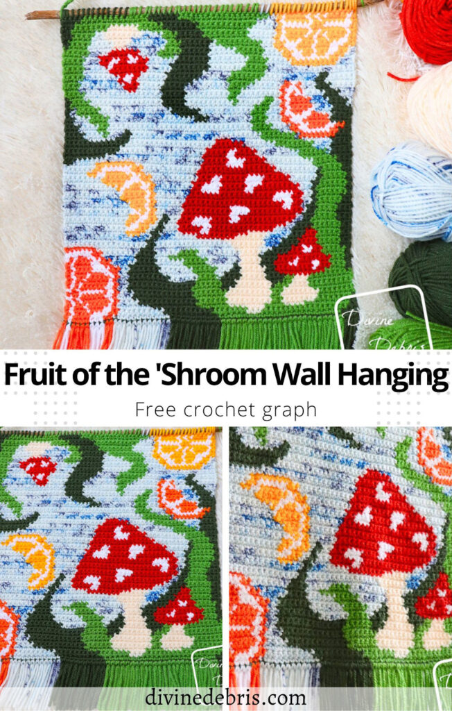 Learn to make a bit of cute and fun magical forest decor with the Fruit of the 'Shroom Wall Hanging free crochet graph, perfect for crochet, knitting, cross stitch, tunisian crochet and more fiber arts.