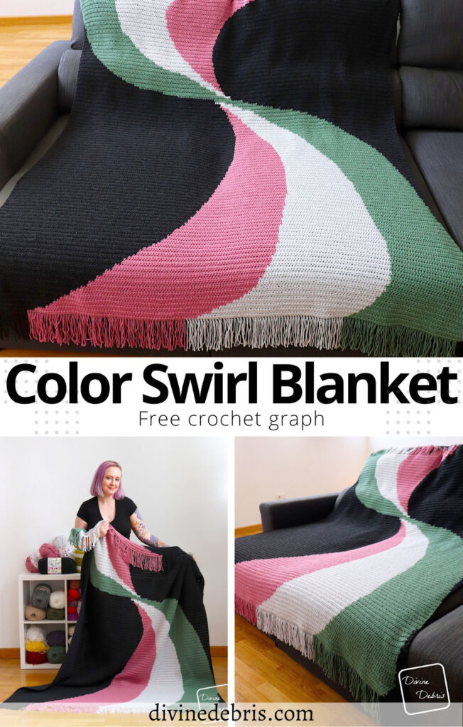 Learn to make the Color Swirl Blanket, a adventure of color and half double crochet stitches, from a free crochet graph by Divine Debris. Great for crochet, knitting, cross stitch, and many more fiber arts.
