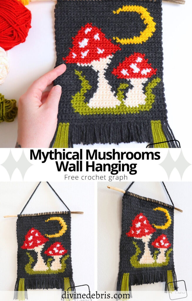 Find your whimsy and fun with this cute and easy to customize mushroom themed wall hanging - the Mystical Mushrooms Wall Hanging by Divine Debris. Great for crochet, knitting, Tunisian crochet, cross stitch, and more fiber arts. 