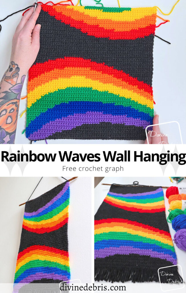 Find your whimsy and rainbow love with this cute and easy to customize Pride month themed wall hanging - the Rainbow Waves Wall Hanging by Divine Debris. Great for crochet, knitting, Tunisian crochet, cross stitch, and more fiber arts. 