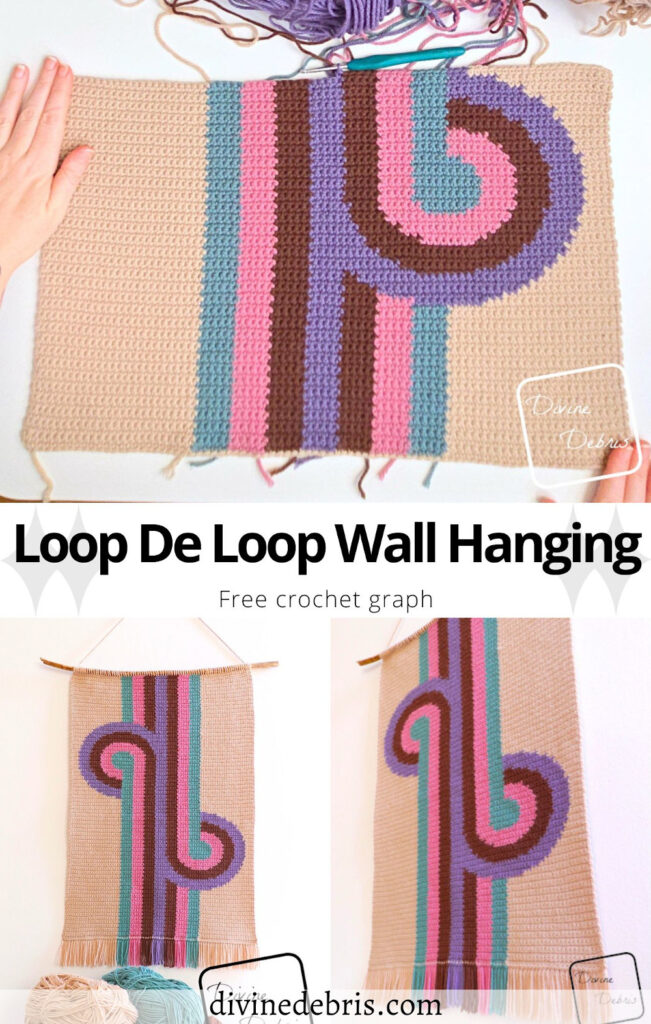 Get whimsical and colorful with this fun Game Changer inspired wall hanging - the Loop De Loop Wall Hanging from a free crochet graph on DivineDebris.com. Perfect for crochet, knitting, cross stitch, Tunisian crochet and more!