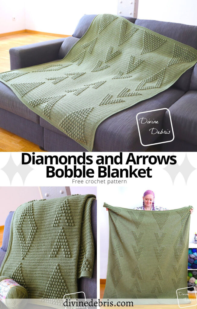 Learn to make the Diamonds and Arrows Bobble Blanket from free pattern by Divine Debris. This fun and engaging pattern features rows of half double crochet and squishy bobble stitches to create a delightful and cozy blanket.