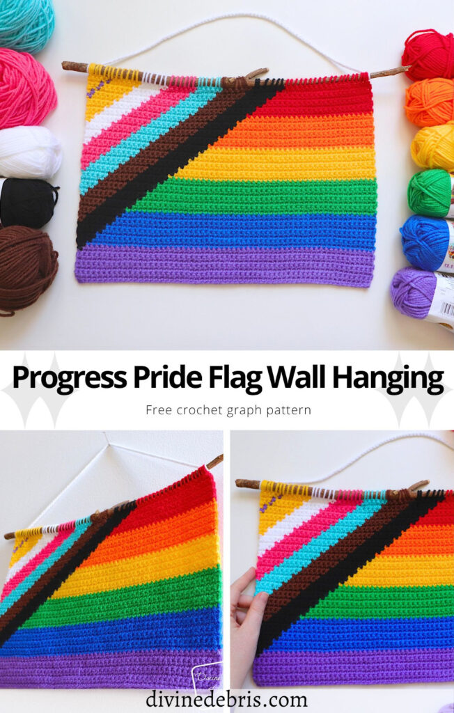 Celebrate Pride year round with the Progress Pride Flag Wall Hanging from a free graph by Divine Debris. Easy to make a use everywhere. Great for Crochet, knitting, cross stitch, Tunisian crochet, and more fiber arts.