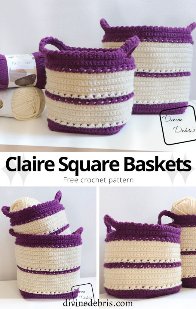 Learn to make the easy, fun, and customizable home accessory duo - the free Claire Square Baskets crochet pattern.