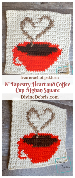 8" Tapestry Heart and Coffee Cup Afghan Square free crochet pattern by DivineDebris.com #crochet #freepattern #tapestry #coffee #afghansquares 
