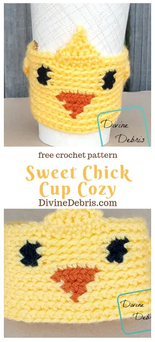 Sweet Chick Cup Cozy free crochet pattern by DivineDebris.com #crochet #freepattern #cupcozy #mugcozy #chicks #Easter